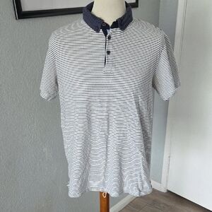 Striped Short Sleeve Polo with Contrast Navy Collar - White/black Large
